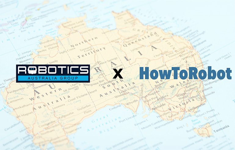 Mapa da Austrália com os logotipos da Robotics Australia Group e da HowToRobot sobrepostos