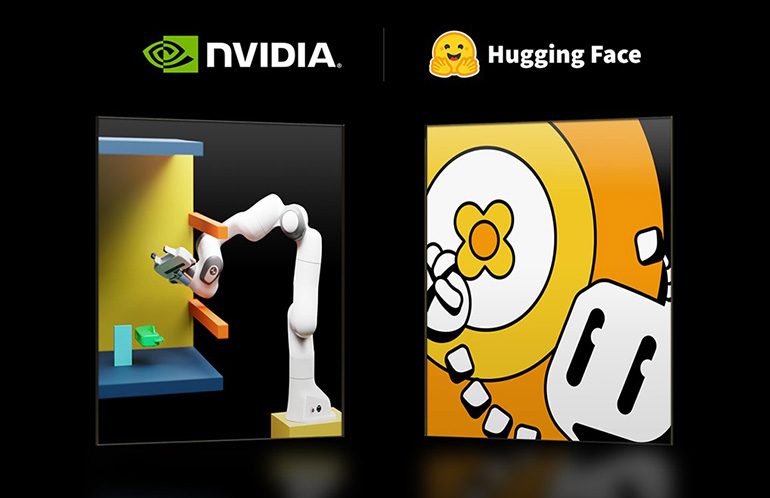 Logotipos da NVIDIA e do Hugging Face sobre fundo preto, com um braço robótico branco à esquerda e o mascote do Hugging Face à direita