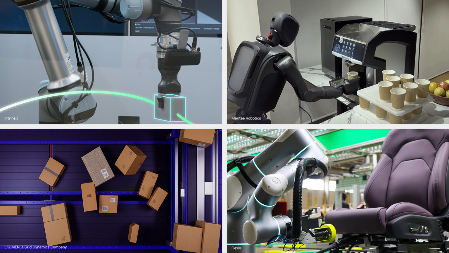 Composição de quatro fotos de robôs usando o Isaac ROS: um braço da Intrinsic com a trajetória desenhada em verde sobre uma caixa, um humanoide da Mentee Robotics operando uma máquina de café, uma vista de cima de caixas numa esteira da EKUMEN, e um braço da Flexiv trabalhando sobre um banco de automóvel